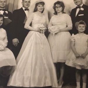 60 year old vintage silk and lace wedding dress.